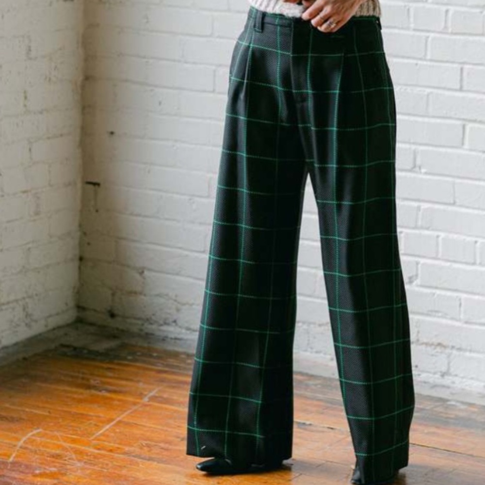 NO.6 KENT PANT Black and Green Plaid Wide Leg in SMALL - Picture 8 of 10